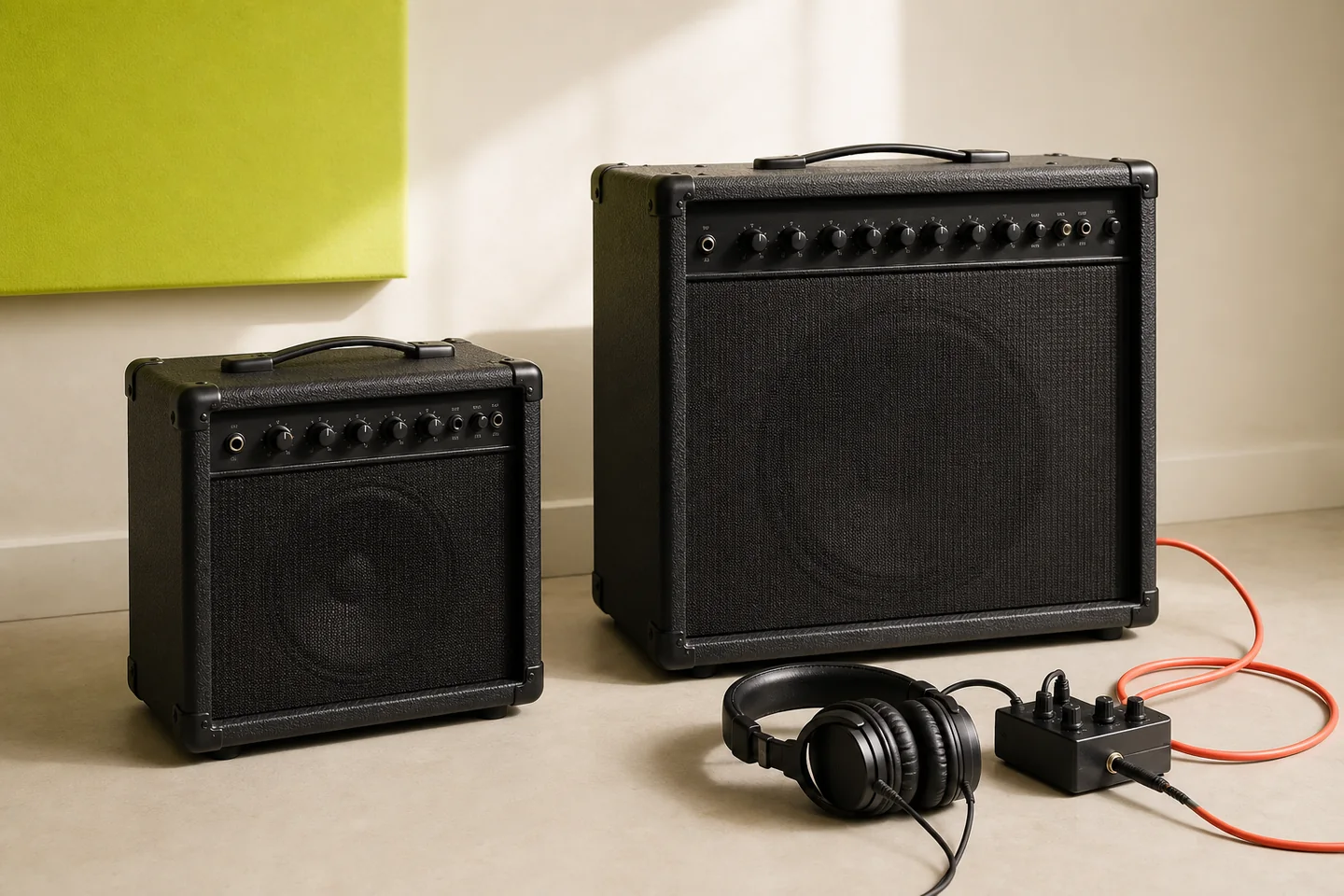 Deux combos pour basse, un petit ampli casque et un casque de studio
