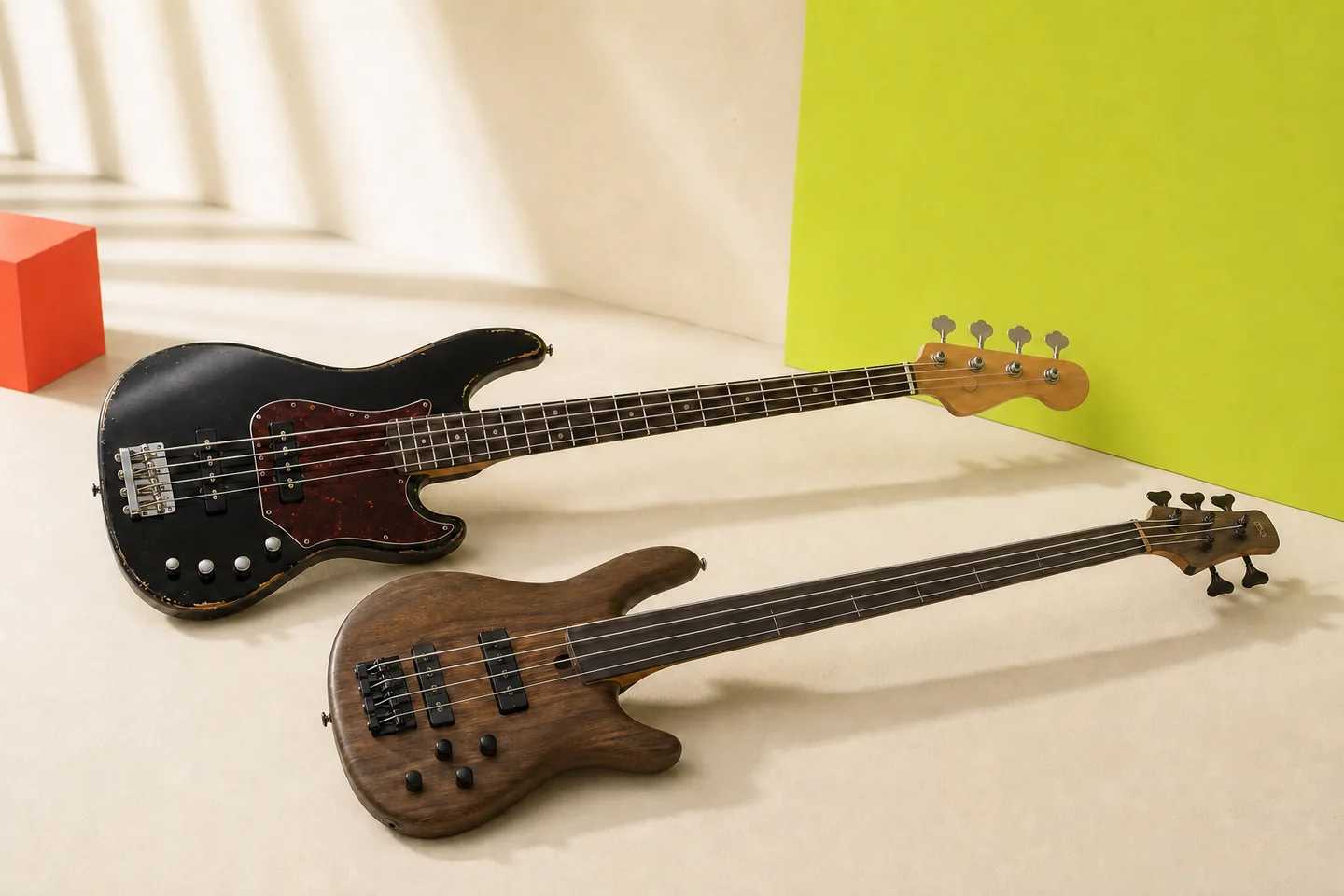 Deux basses électriques, une frettée et une fretless, dans un studio clair
