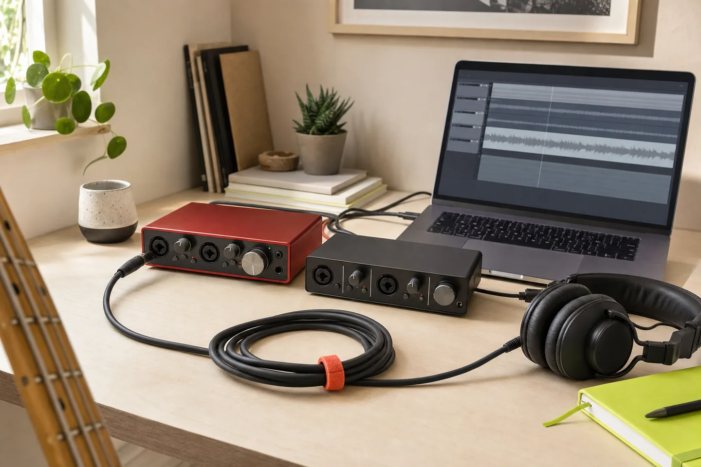 Interfaces audio, casque et ordinateur préparés pour enregistrer une basse